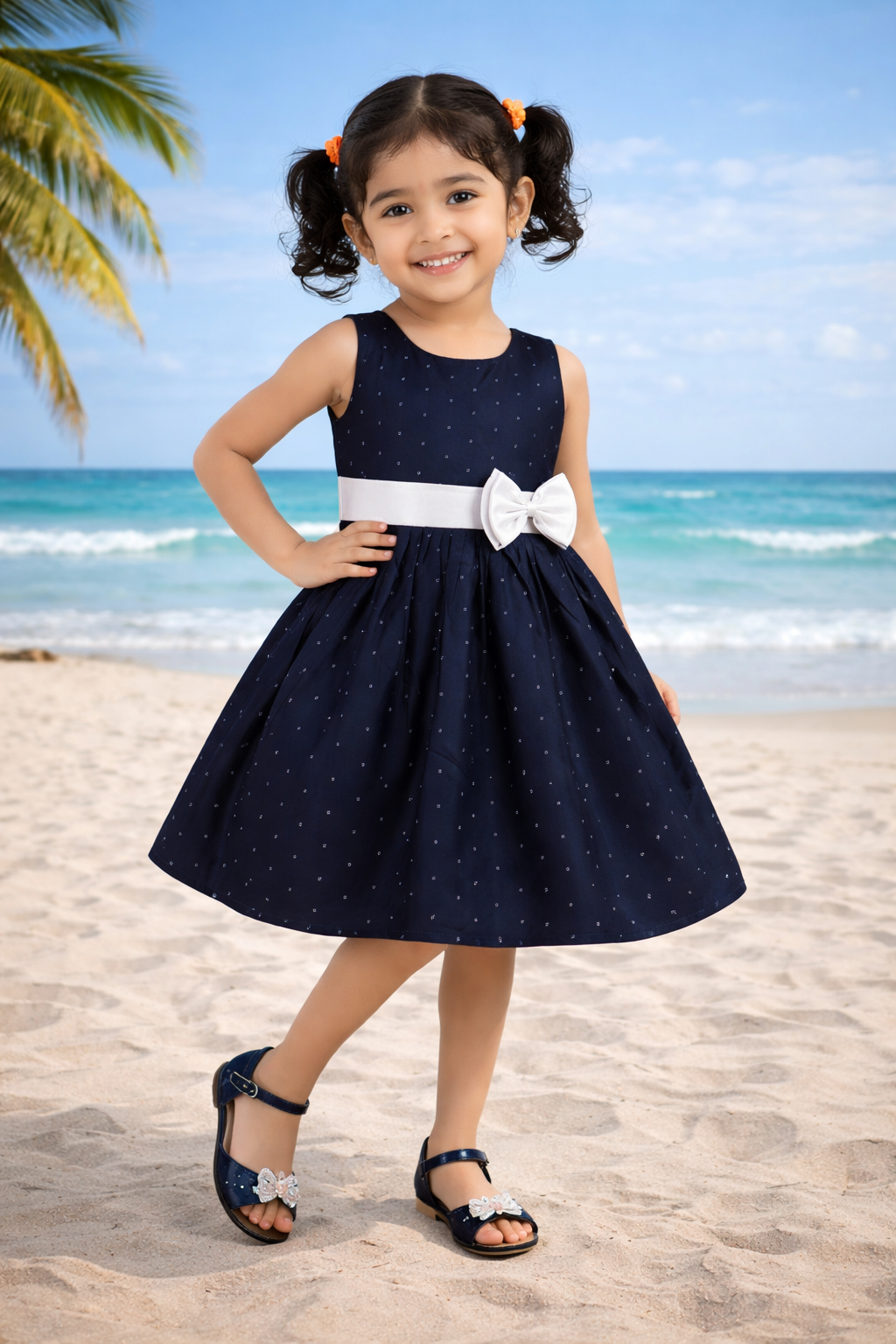 Girls Navy Blue Polka Dot Cotton Sleeveless Dress with White Bow & Waist Belt