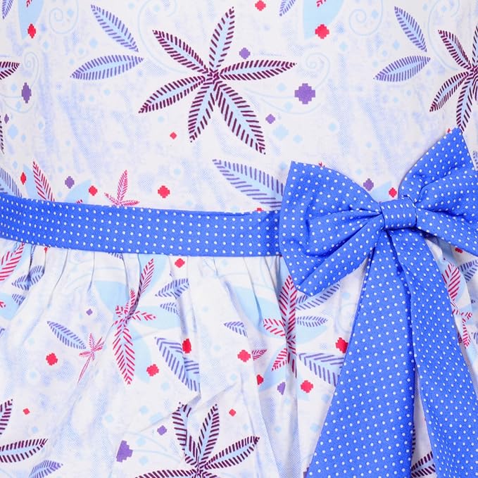 Girls White Floral Cotton Party Dress with Blue Bow – Cute Flutter Sleeve Kids Dress