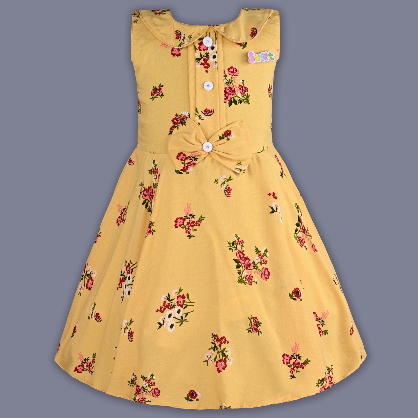 Girls Cotton Floral Print Collared Bow Summer Dress
