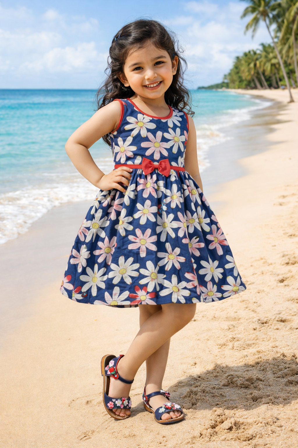 Girls Floral Printed Cotton Sleeveless Dress with Bow Detail