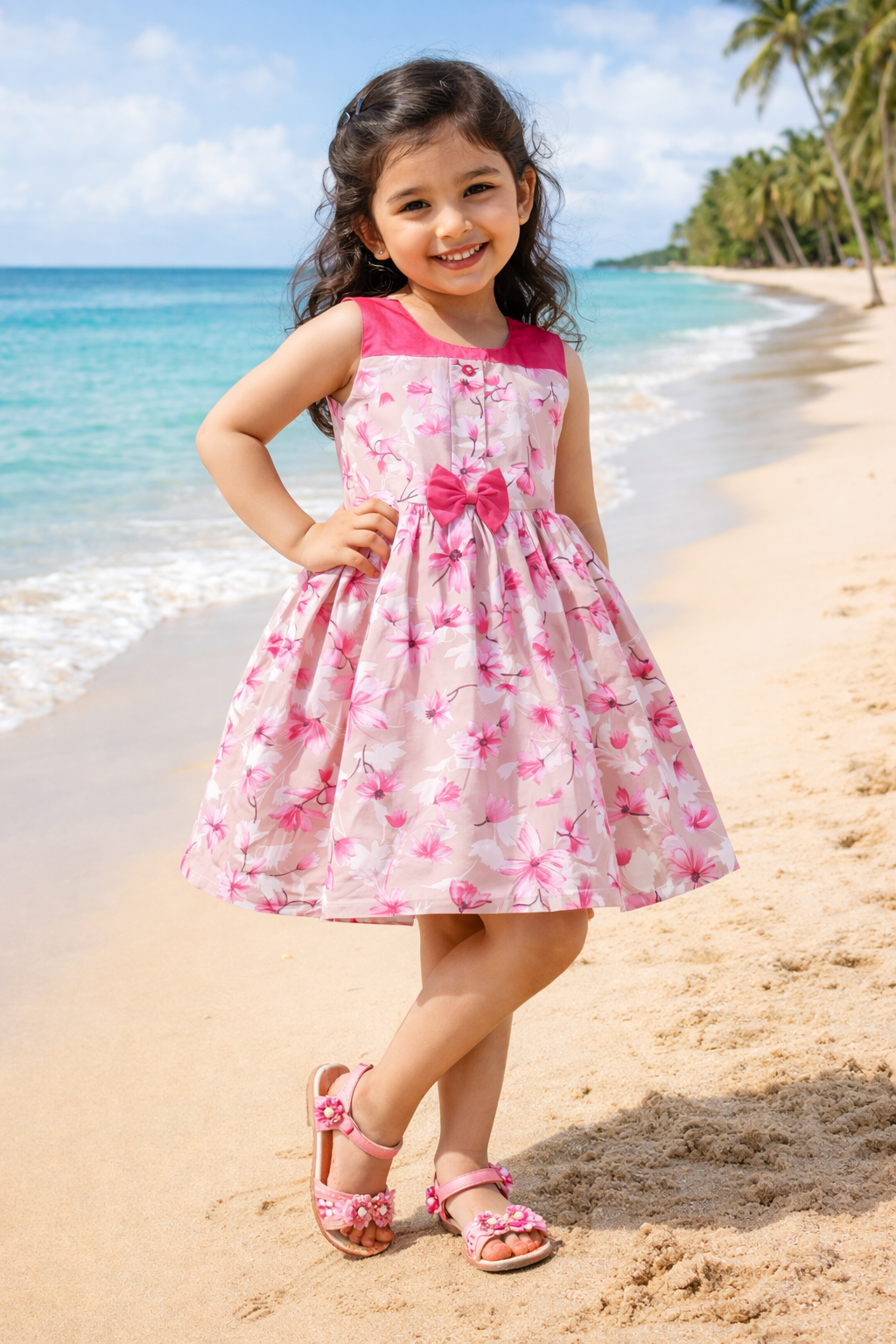 Girls Floral Printed Cotton Sleeveless Party & Casual Frock with Bow Detail