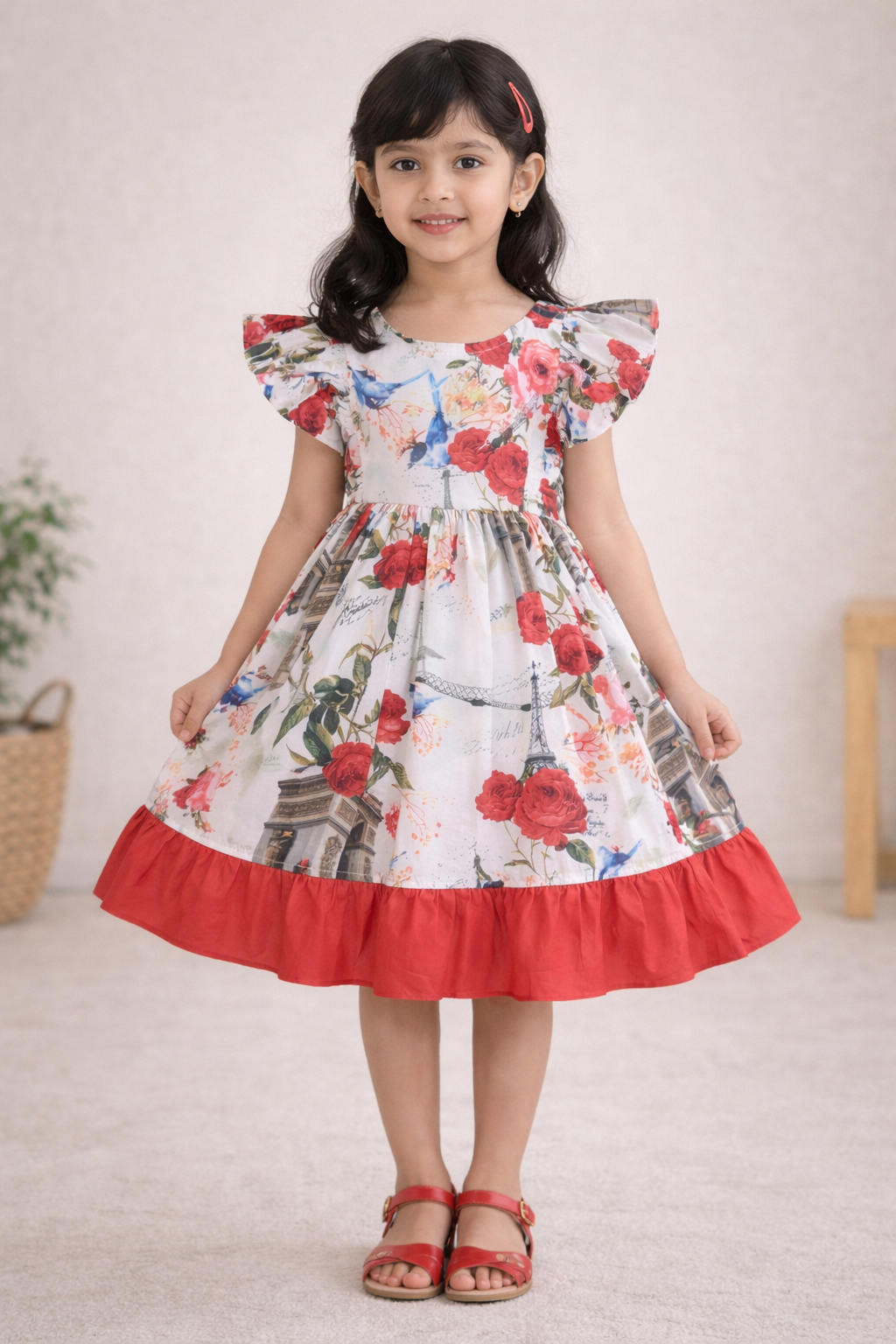Girls Floral Print Flared Sleeve Fit and Flare Summer Frock