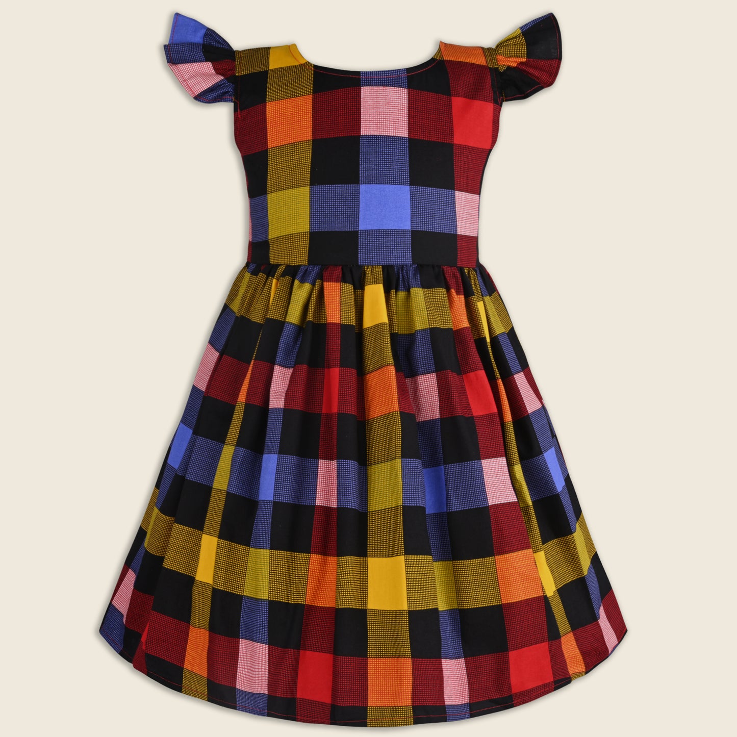 Girls Cotton Checkered Ruffle Sleeve Dress