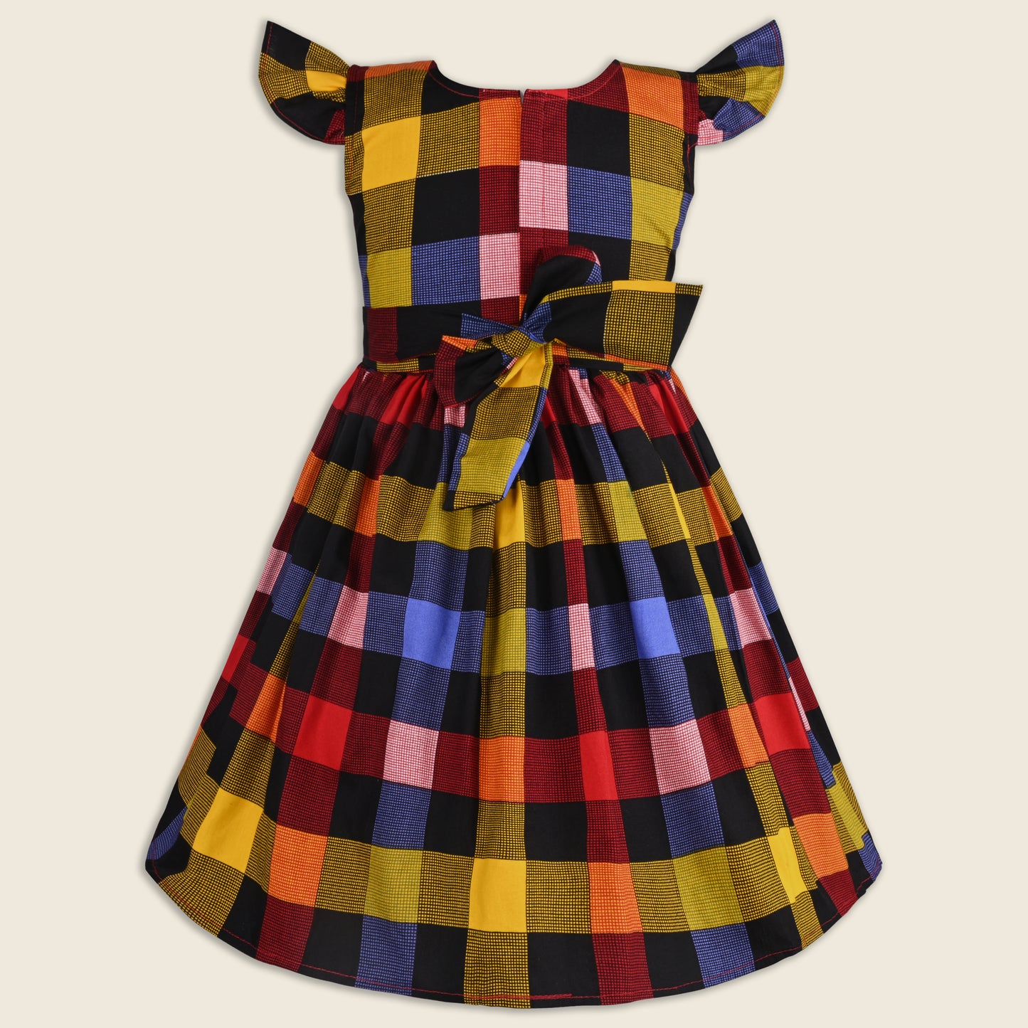 Girls Cotton Checkered Ruffle Sleeve Dress