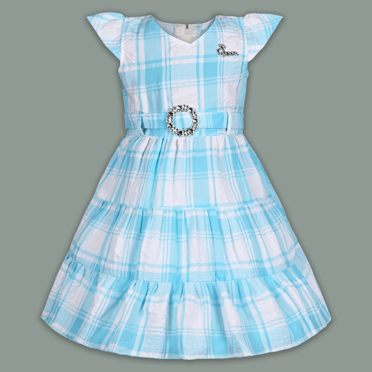 Girls Cotton Checked Party Frock for Girls with Belt Detail