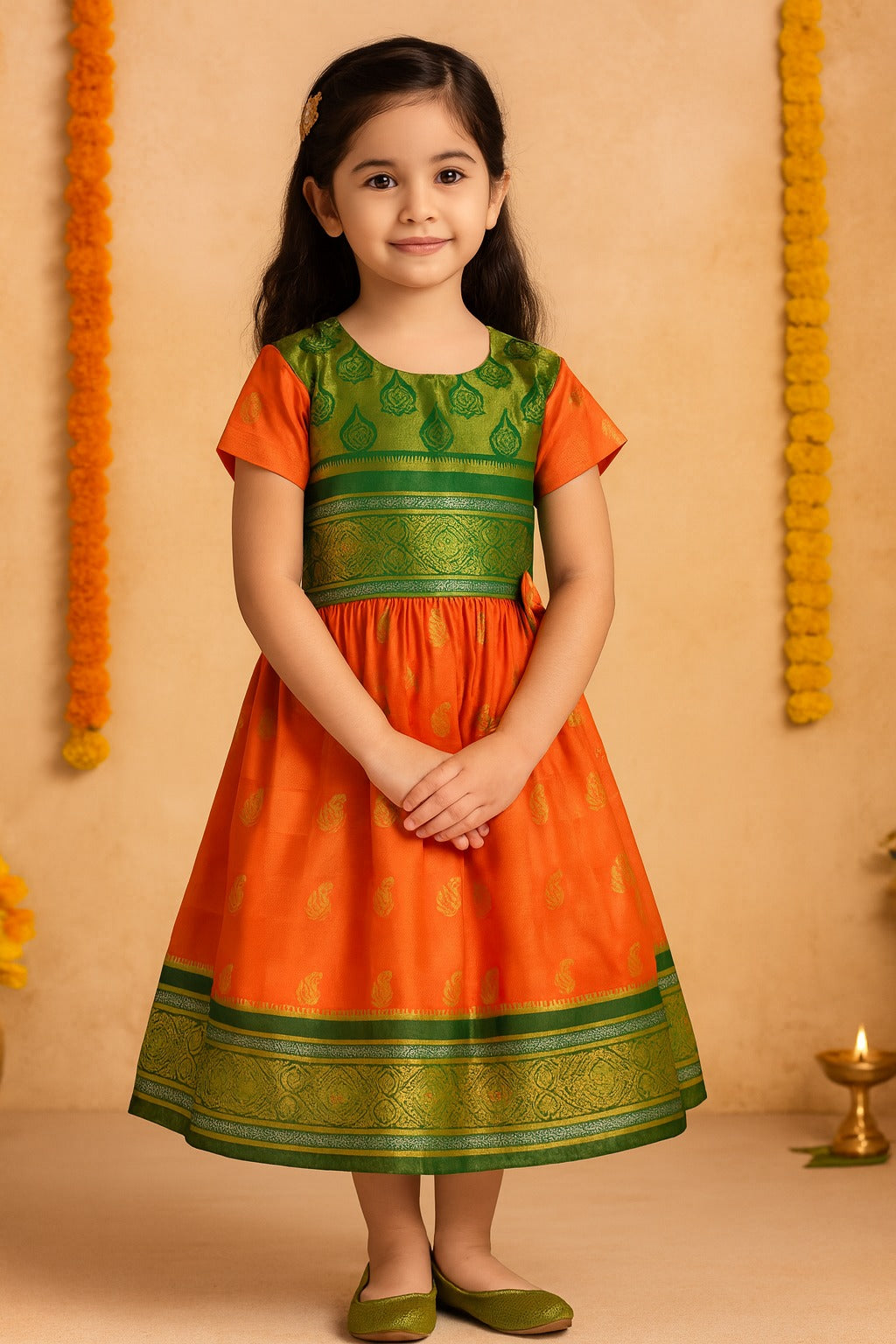 Girls Woven Zari Short Sleeve Round Neck Ethnic Dress