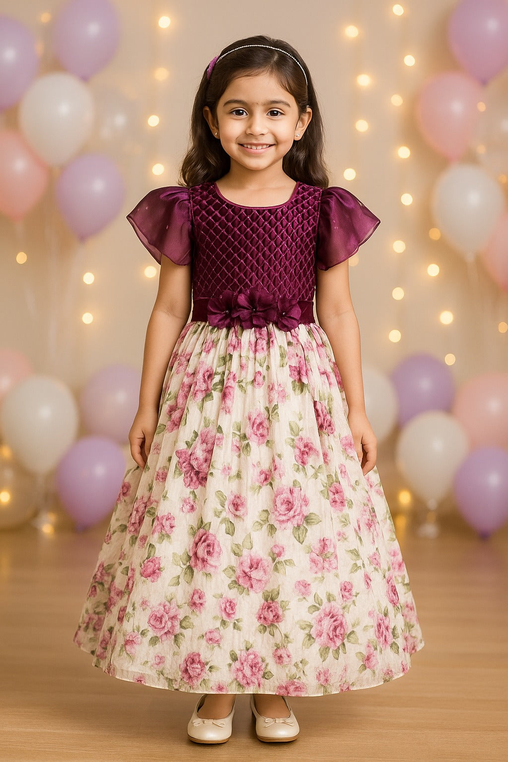 Girls Floral Embellished Printed Party Dress