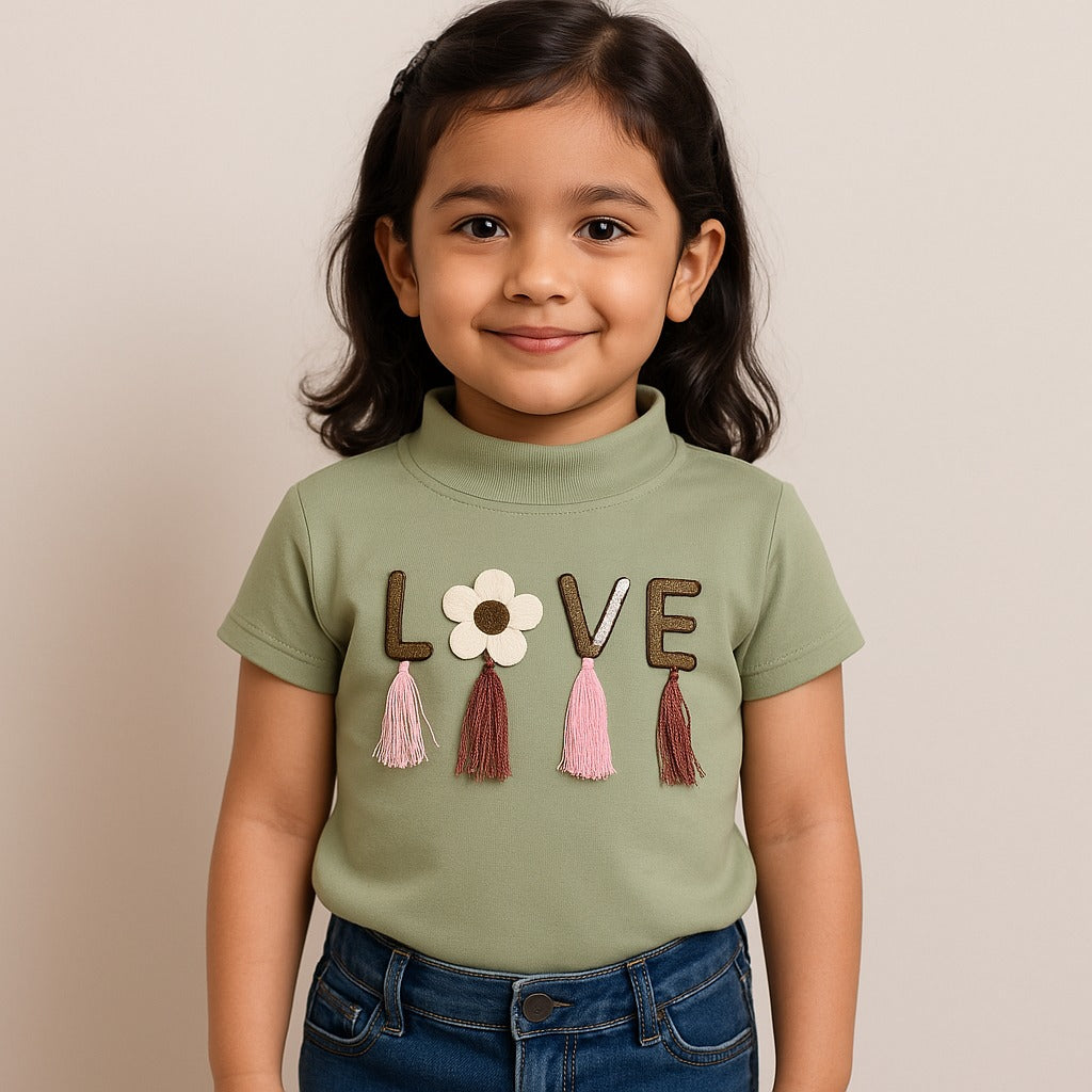 Girls High Neck Cotton T-shirt with Love Embroidery & Tassel Detailing