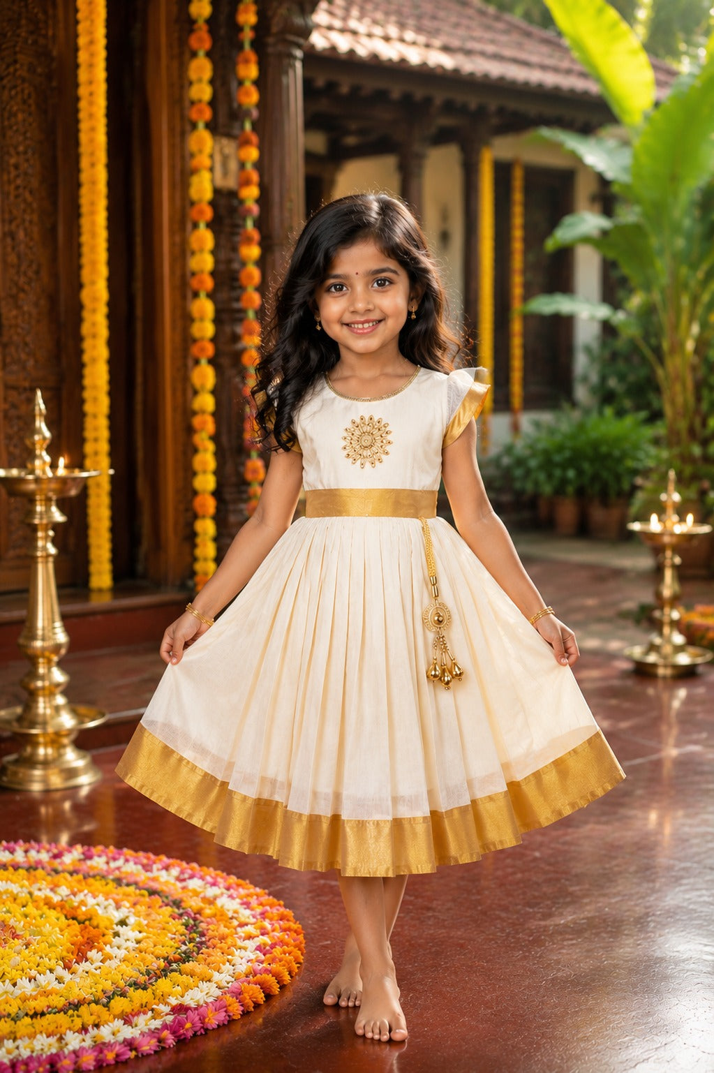 Baby Girls Onam Cotton Pattu Dress with Gold Border & Embellished Yoke