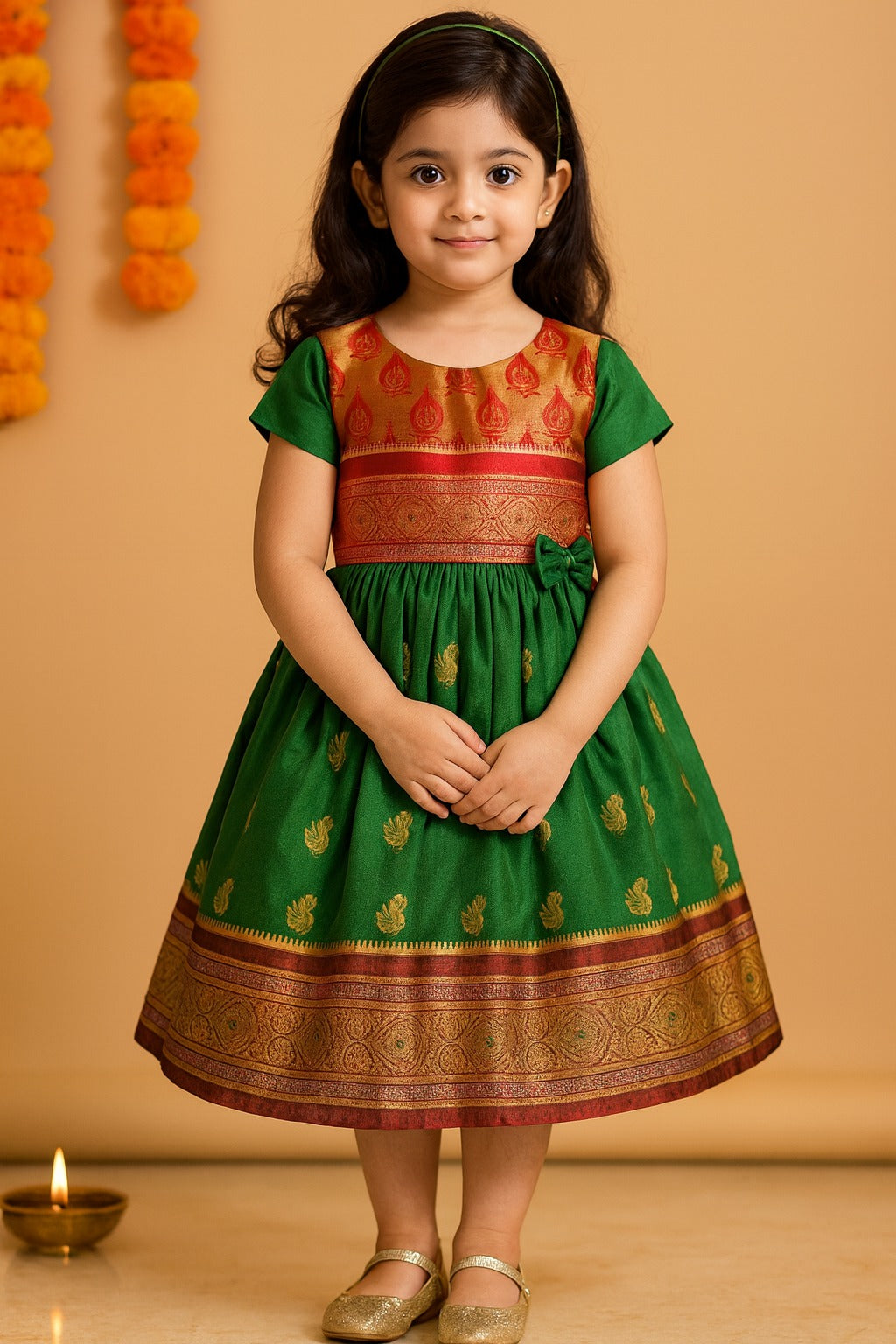 Girls Woven Zari Short Sleeve Round Neck Ethnic Dress