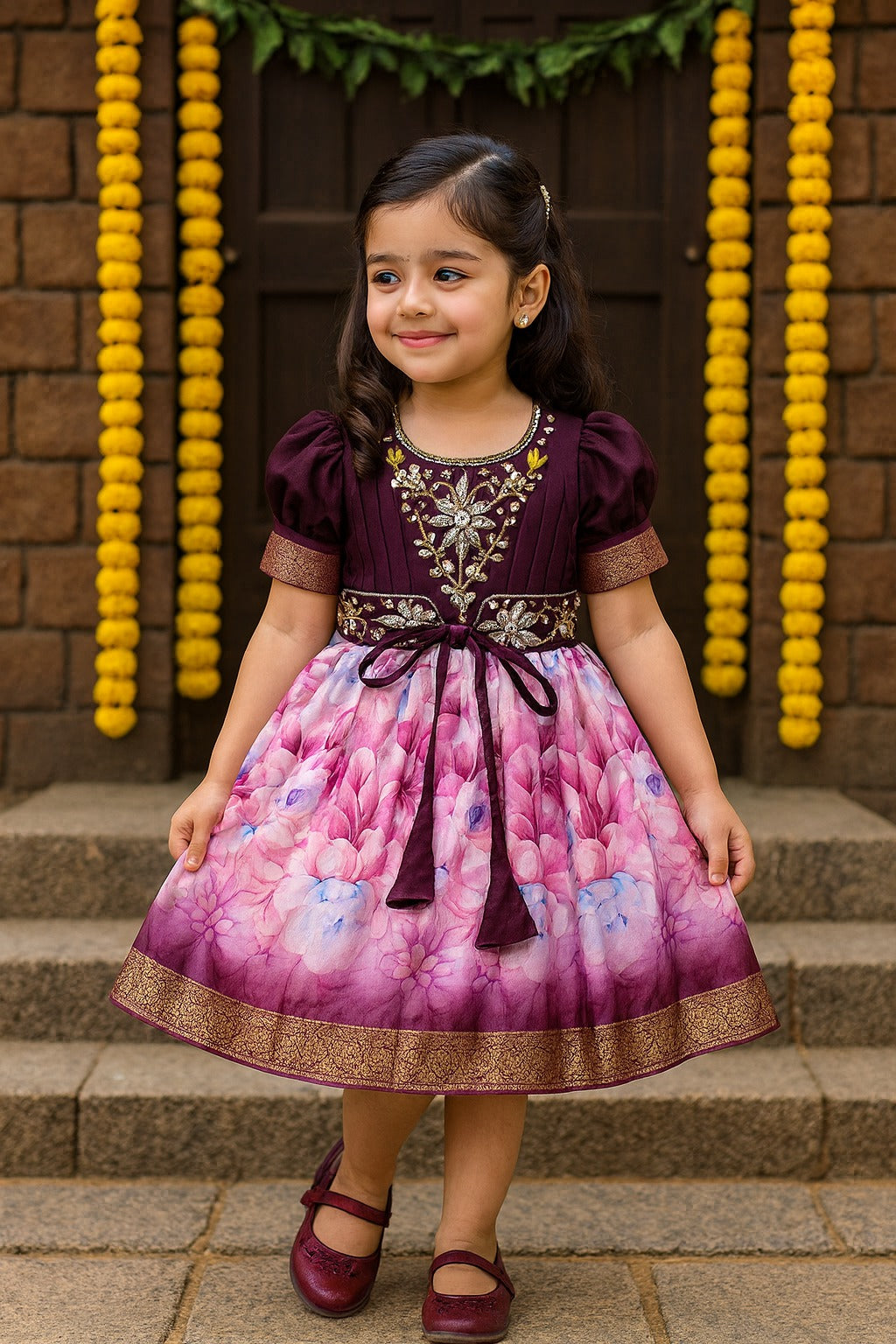 Girls Bead Embellished Floral Zari Ethnic Dress fep3530