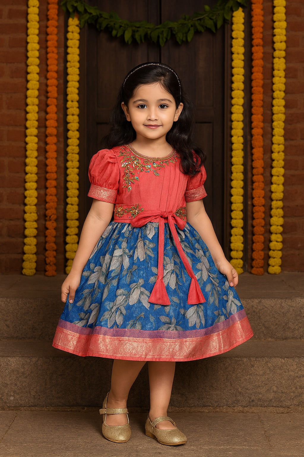 Girls Bead Embellished Floral Zari Ethnic Dress fep3529