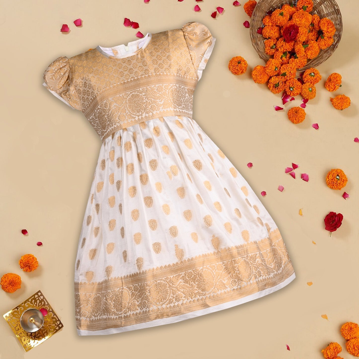 Baby Girls Golden Zari Pleated Onam Frock Dress