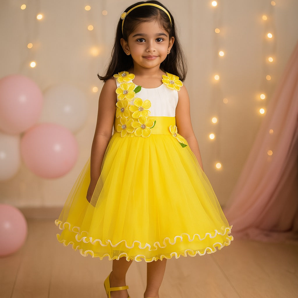 Flower Embellished Net Party Dress