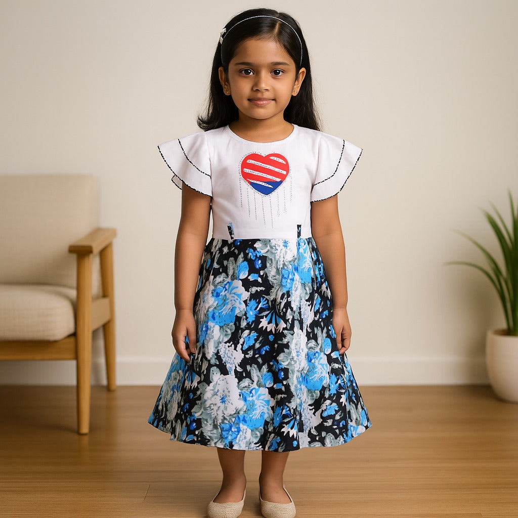 Girls Floral Print with Embellished Heart Print Casual Dress