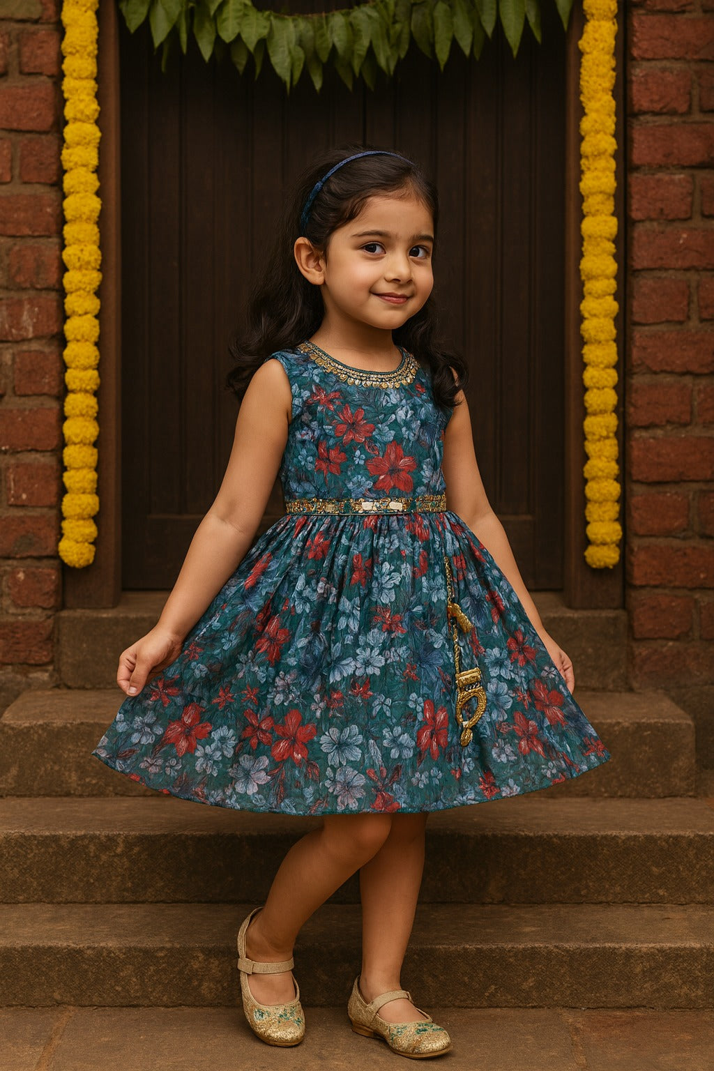 Girls Floral Chiffon Summer Dress with Mirror Work Festive Wear