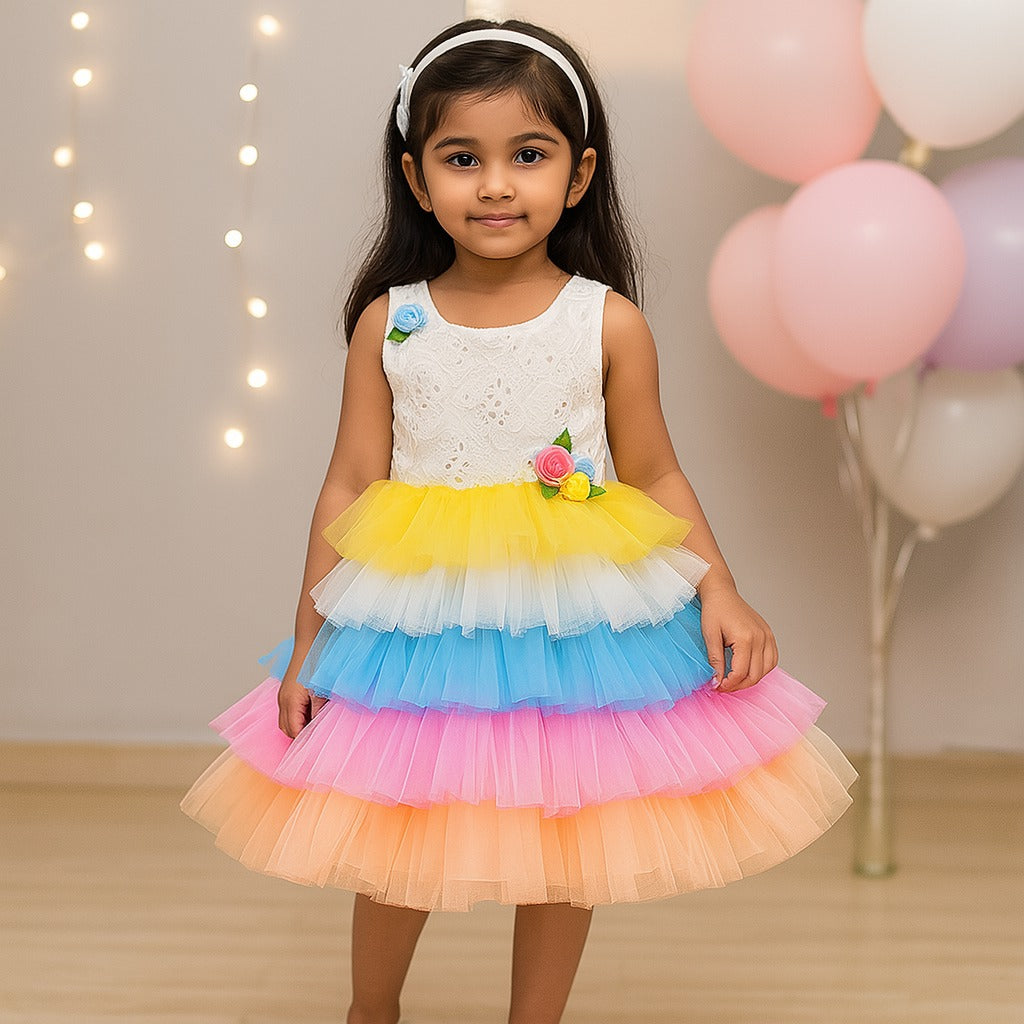 Girls Layered party wear Dress with Flower Embellishment