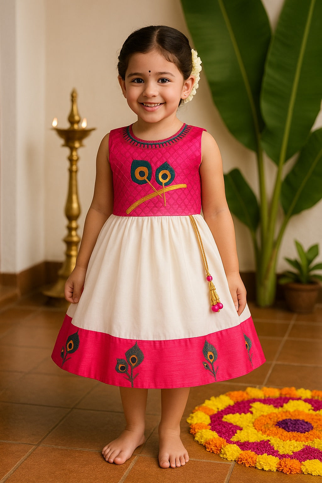 Baby Girls Peacock Embroidered Pleated Frock Dress for Onam