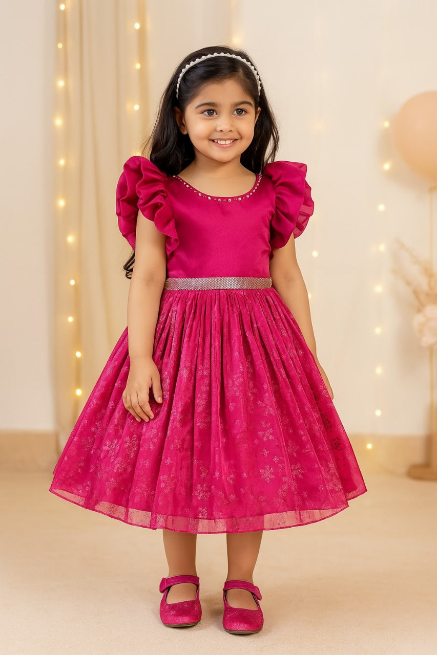 Girls Floral Shimmery Ruffle Sleeve Dress