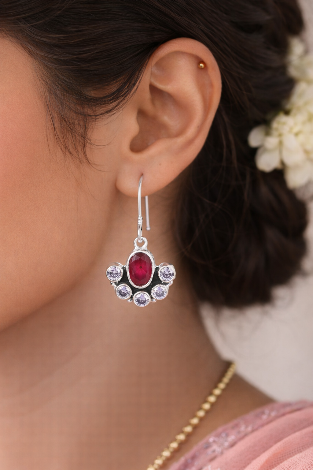 925 Sterling SLV Ruby-Red Stone Floral Drop Earrings