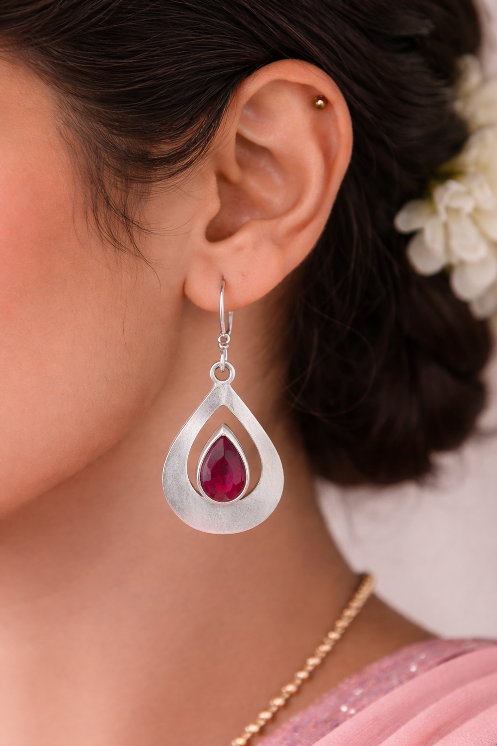 925 Sterling SLV Teardrop Ruby-Red Stone Drop Earrings