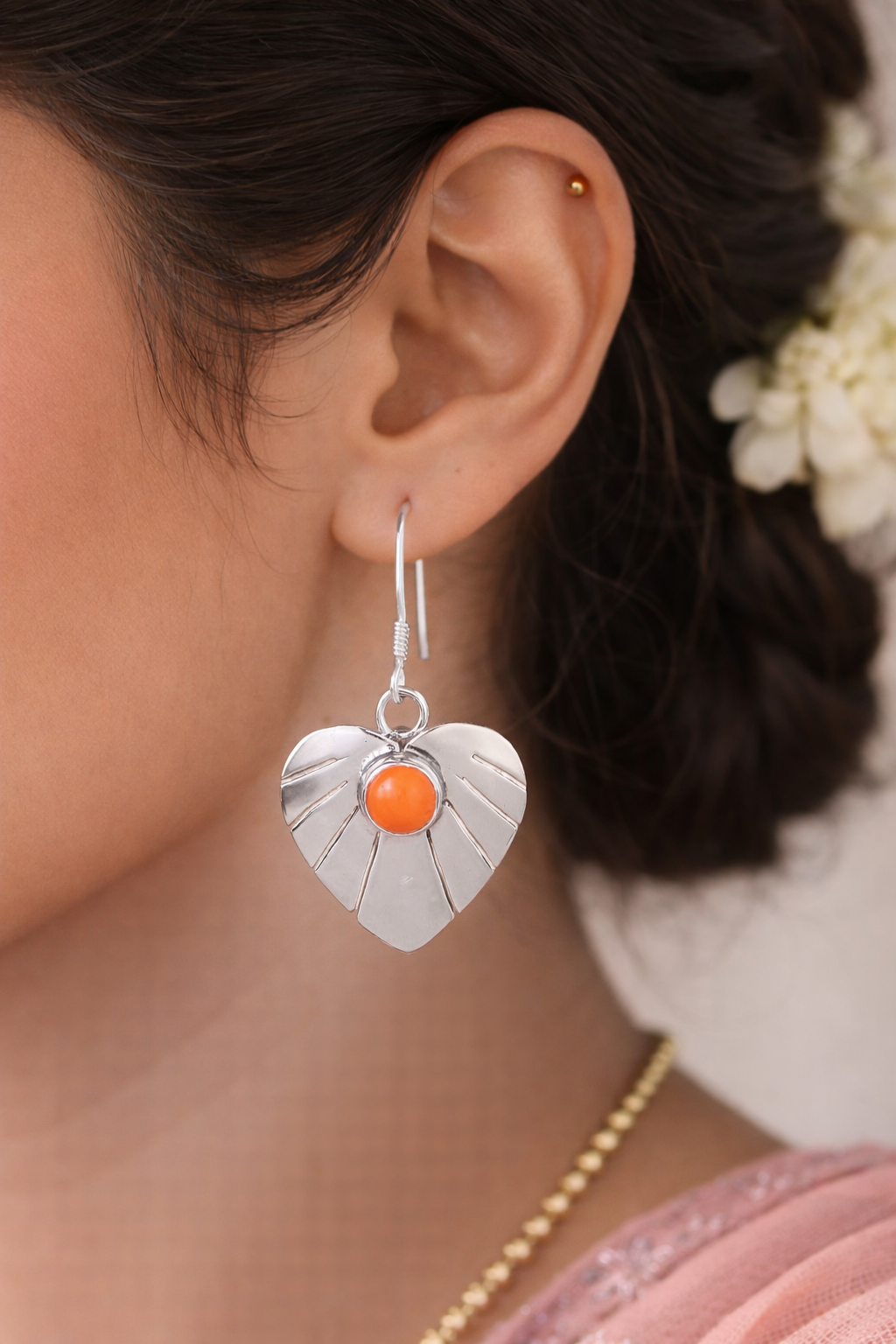 925 Sterling SLV Heart-Leaf Drop Earrings with Coral-Orange Stone