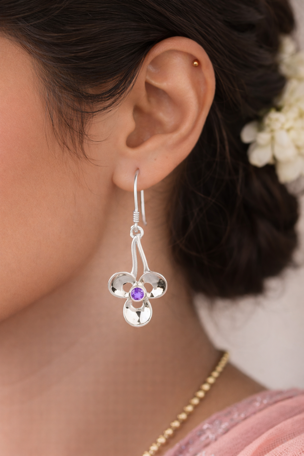 925 Sterling SLV Floral Drop Earrings with Amethyst-Purple Stone