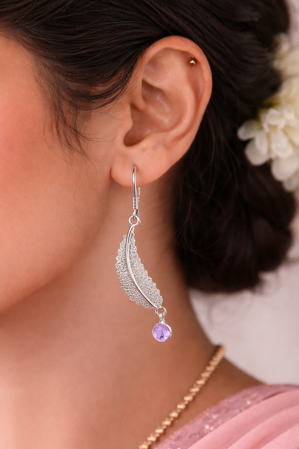925 Sterling SLV Leaf Drop Earrings with Amethyst-Purple Stone