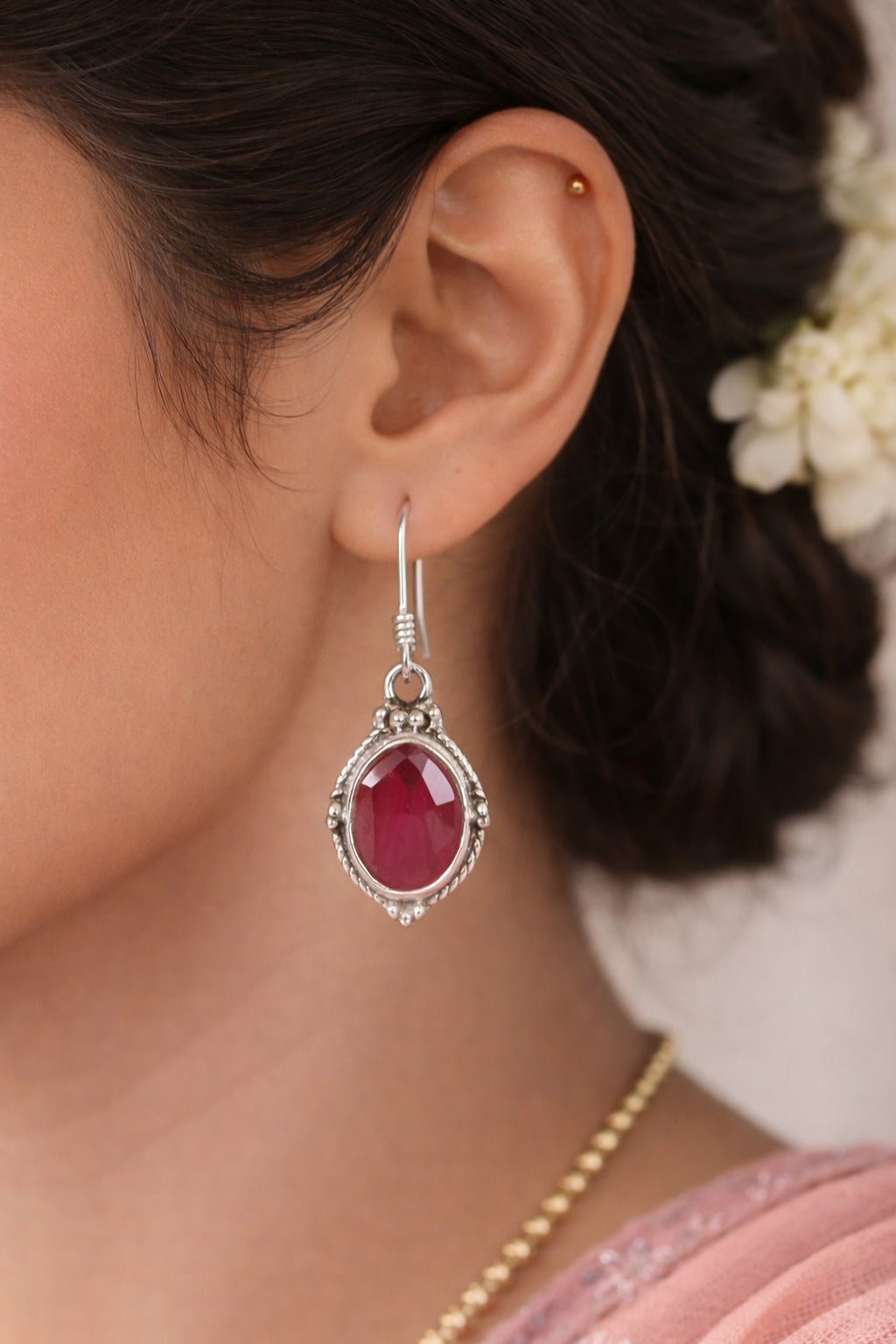 925 Sterling SLV Oval Ruby-Red Stone Drop Earrings