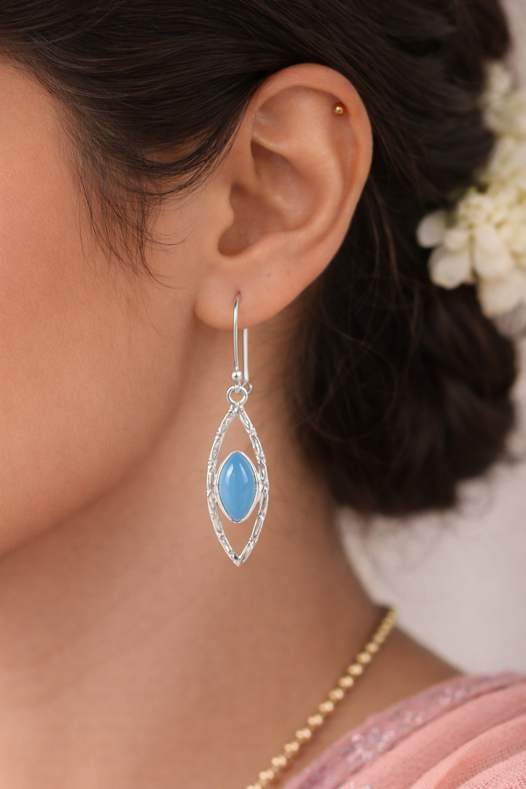 925 Sterling SLV Marquise Drop Earrings with Sky Blue Chalcedony Stone