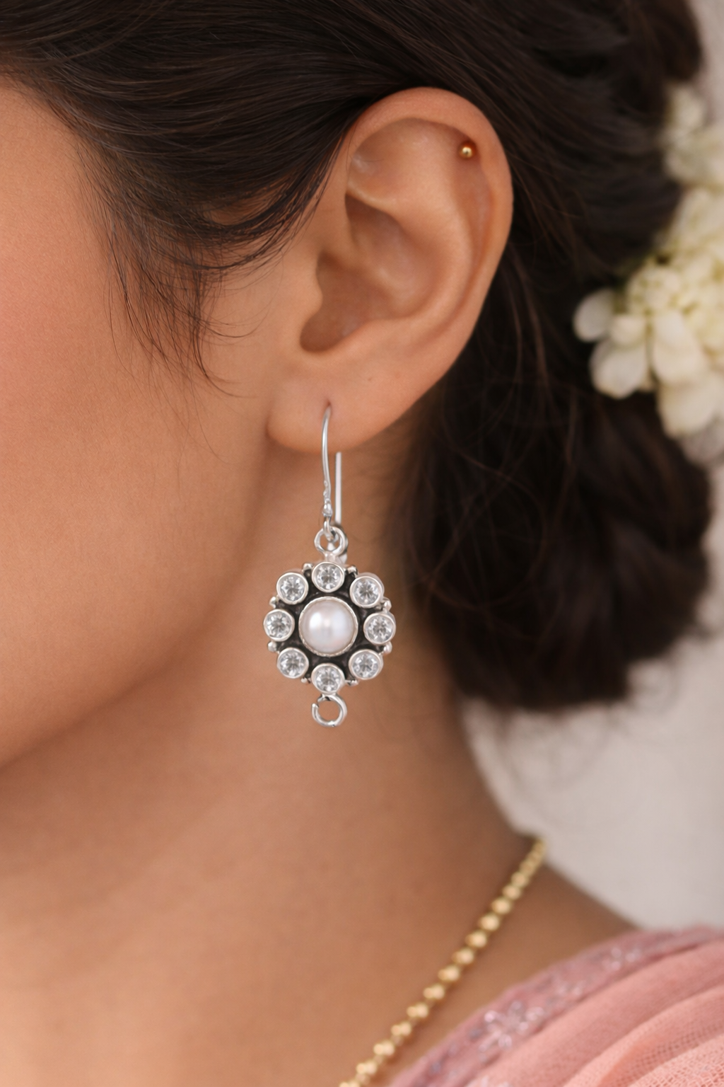 925 Sterling SLV Pearl & CZ Floral Drop Earrings for Women