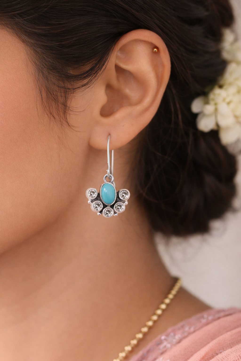 925 Sterling SLV Turquoise & CZ Floral Drop Earrings for Women
