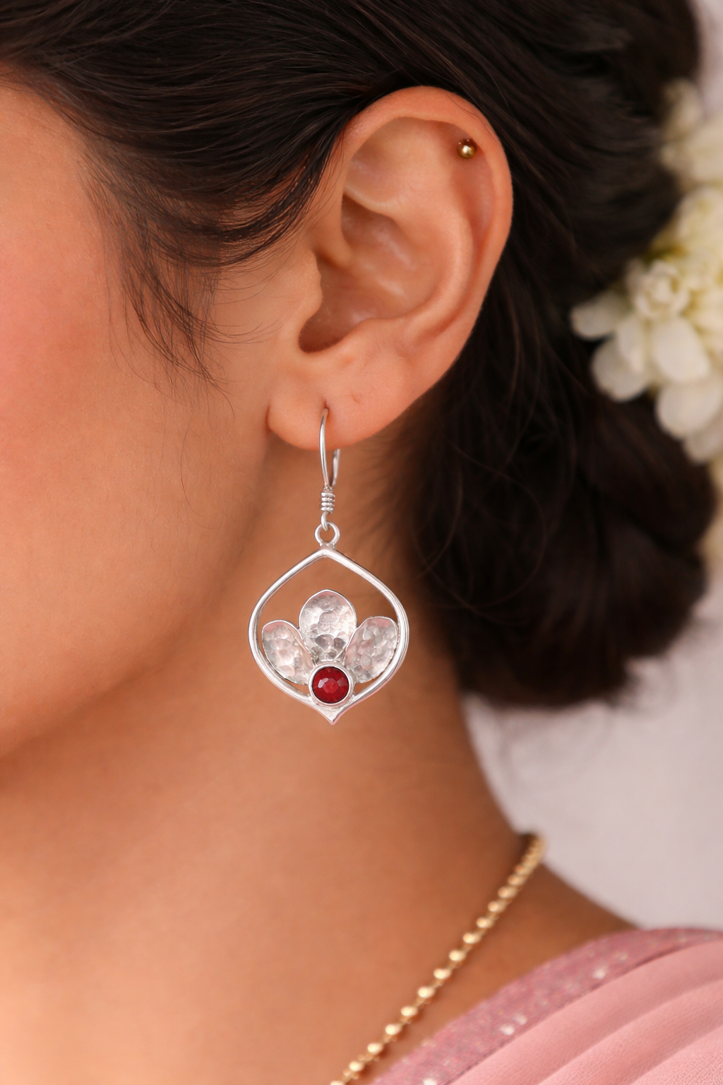 925 Sterling SLV Leaf Motif Red Stone Drop Earrings for Women