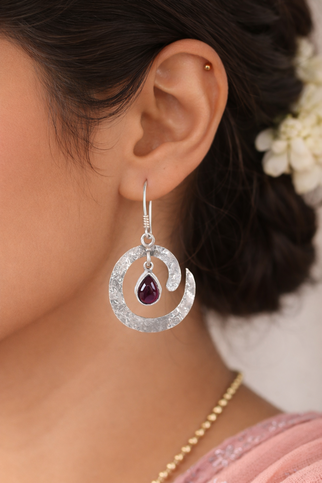 925 Sterling SLV Spiral Drop Earrings with Red Teardrop Stone for Women