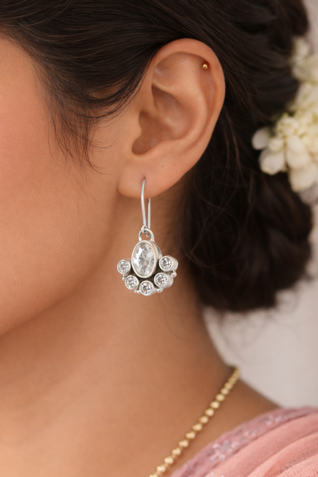 925 Sterling SLV CZ Oval Cluster Drop Earrings for Women