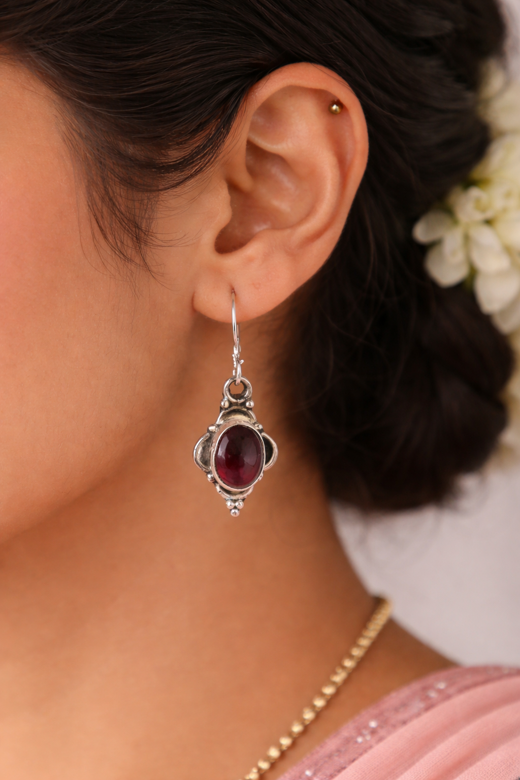 925 Sterling SLV Garnet Oval Drop Earrings for Women