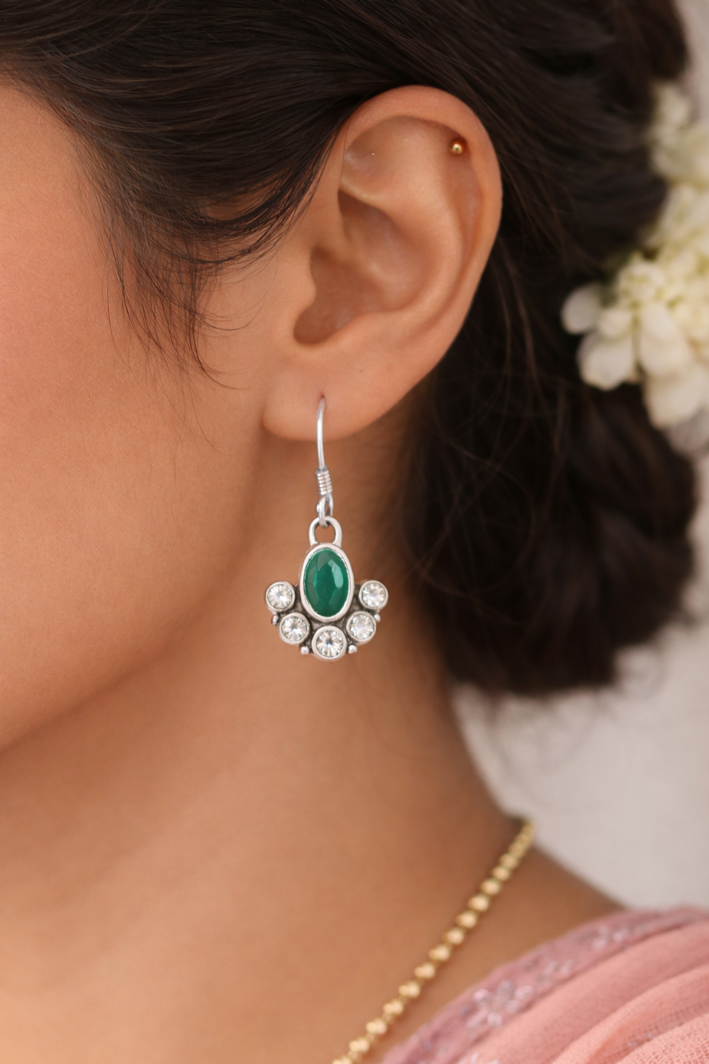 925 Sterling SLV Green Onyx Drop Earrings with CZ Accents for Women