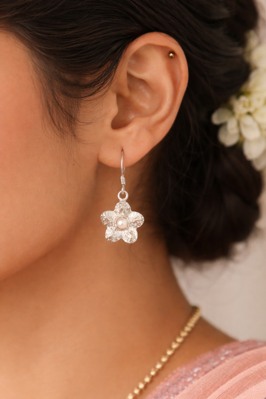 925 Sterling SLV Floral Drop Earrings with Pearl Accent – Elegant & Lightweight