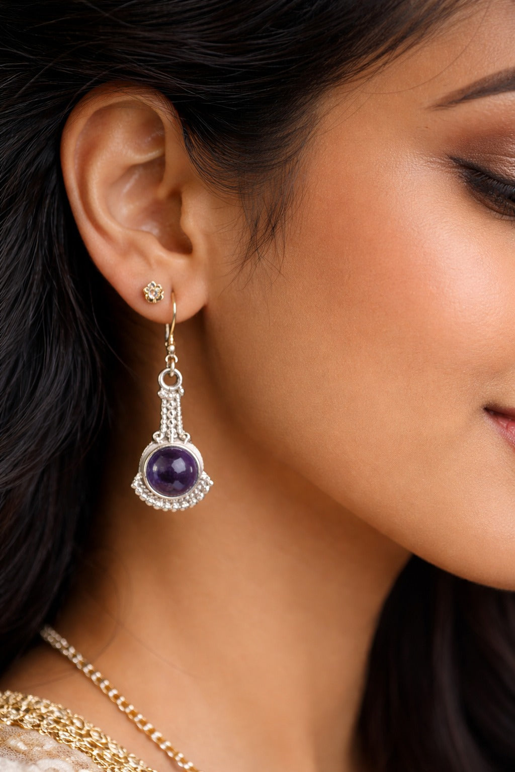 925 Sterling SLV Purple Stone Drop Earrings for Women