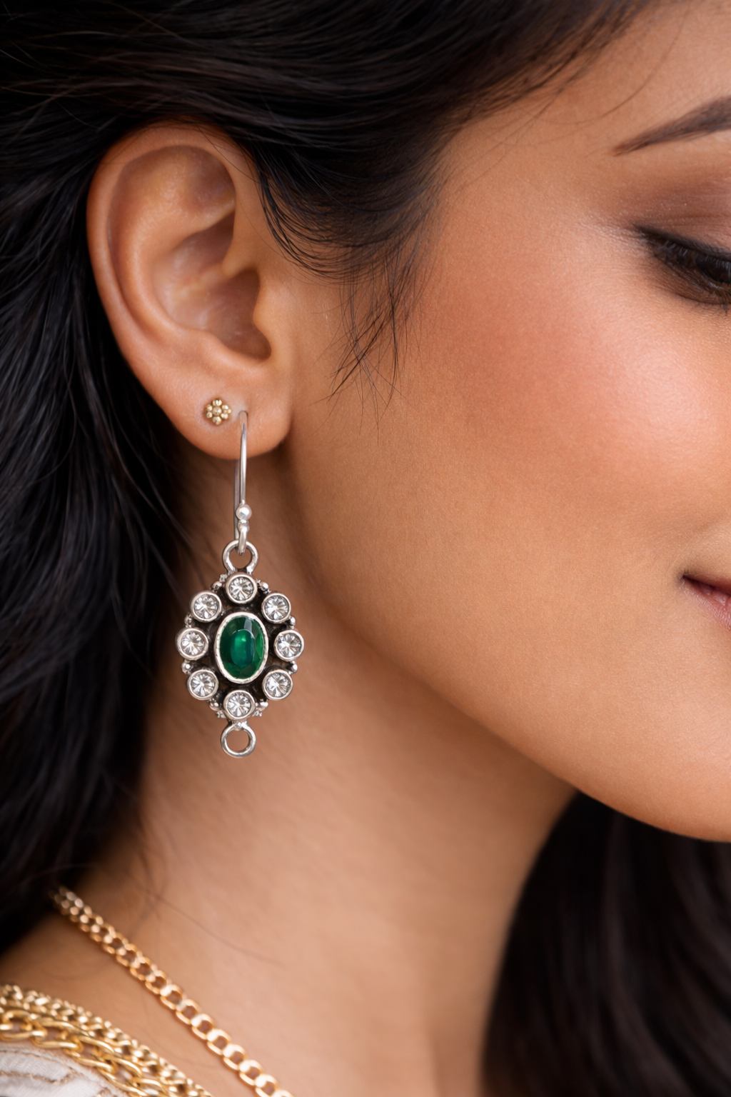 925 Sterling SLV Green Stone Drop Earrings with Crystal Accents – Elegant & Festive