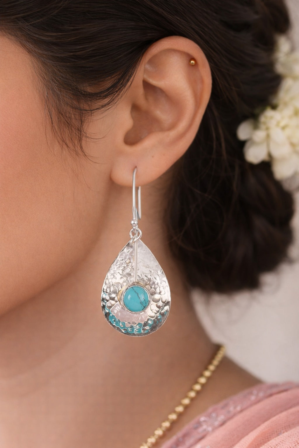 925 Sterling SLV Textured Teardrop Earrings with Blue Stone