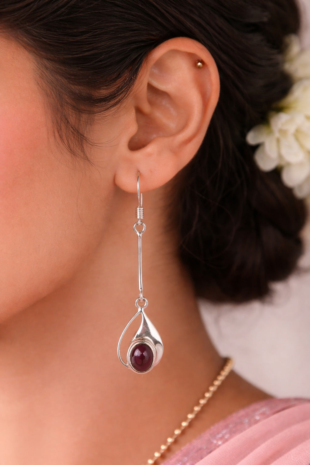 925 Sterling SLV Teardrop Maroon Stone Long Drop Earrings
