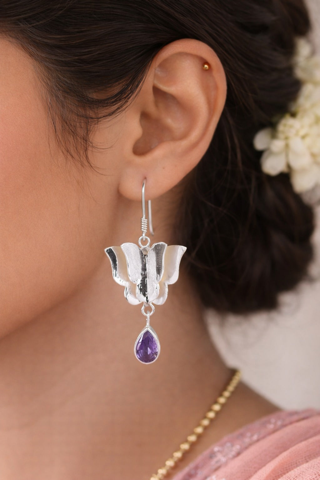 925 Sterling SLV Floral Drop Earrings with Purple Stone