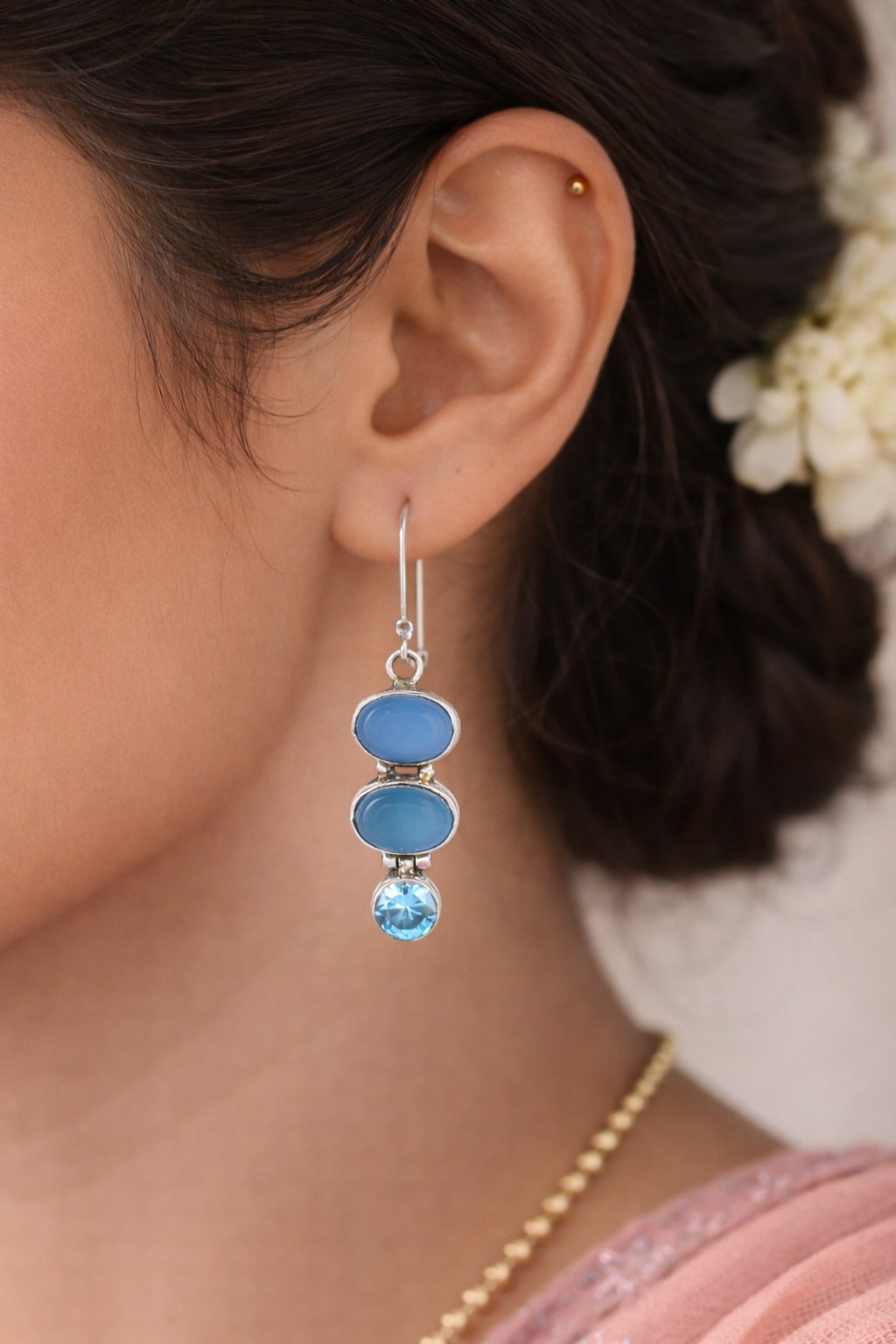 925 Sterling SLV Triple Blue Stone Drop Earrings
