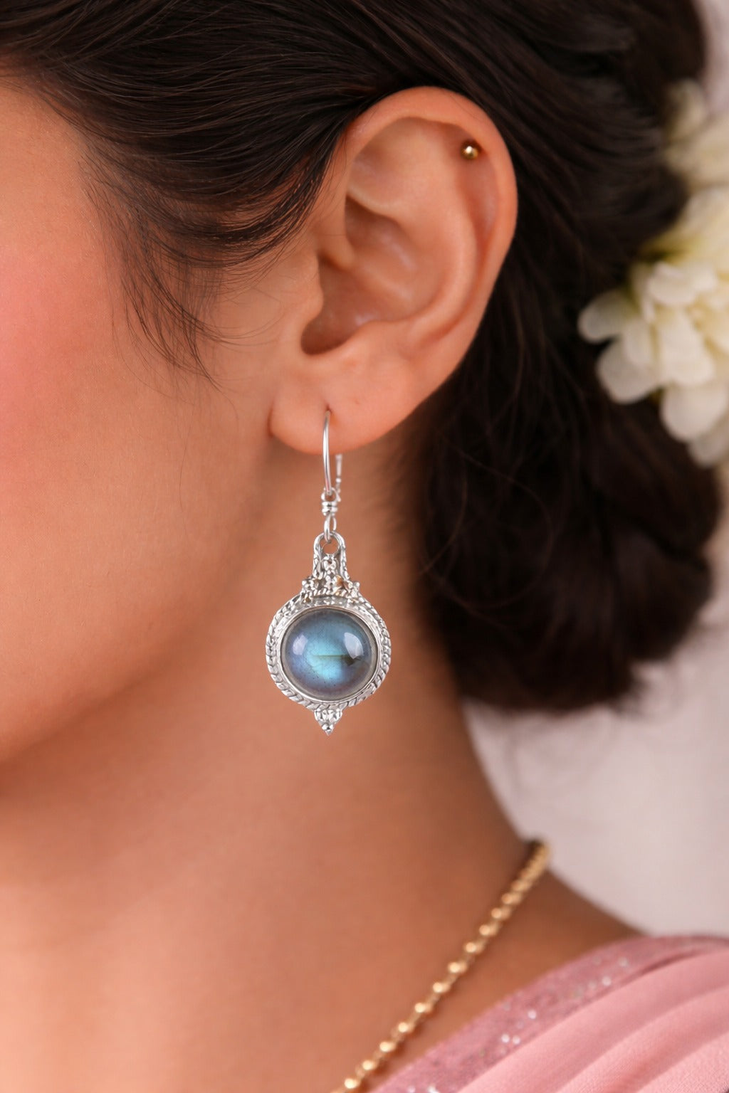 925 Sterling SLV Round Blue Stone Drop Earrings
