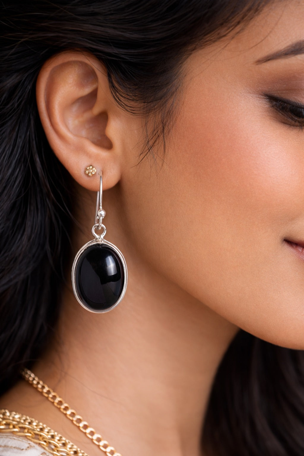 925 Sterling SLV Black Stone Drop Earrings for Women