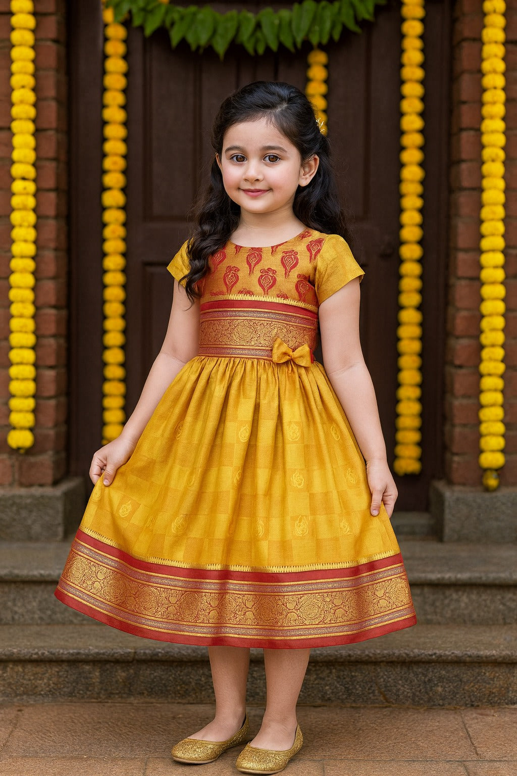 Girls Woven Zari Short Sleeve Round Neck Ethnic Dress