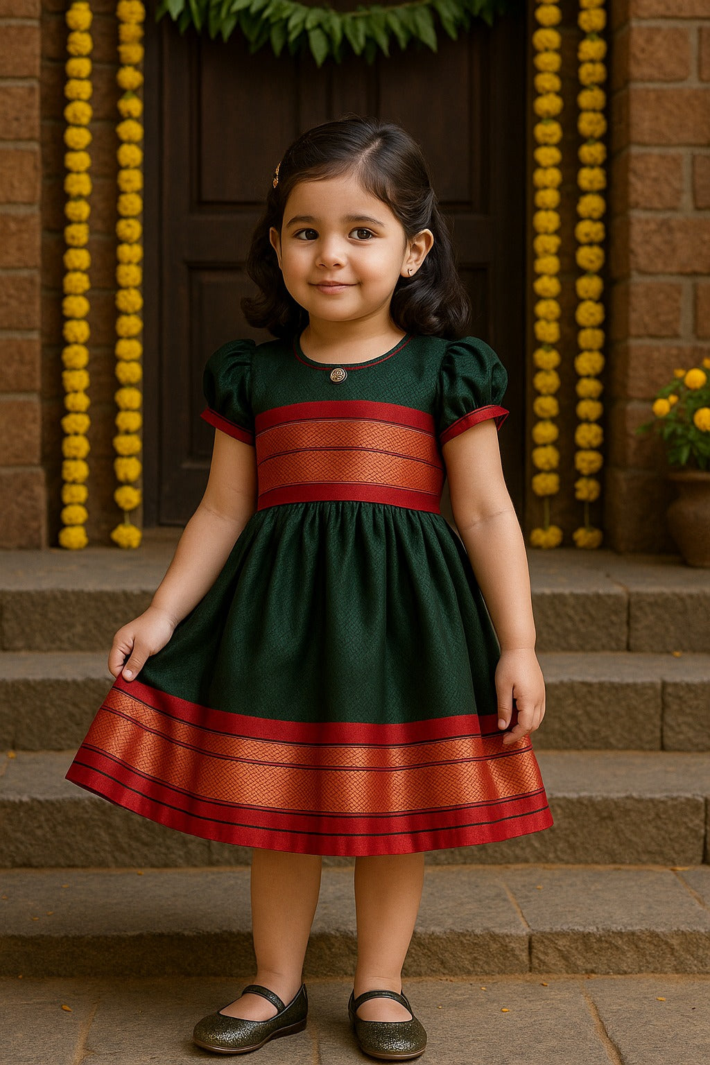 Girls Silk Traditional Zari Border Dress