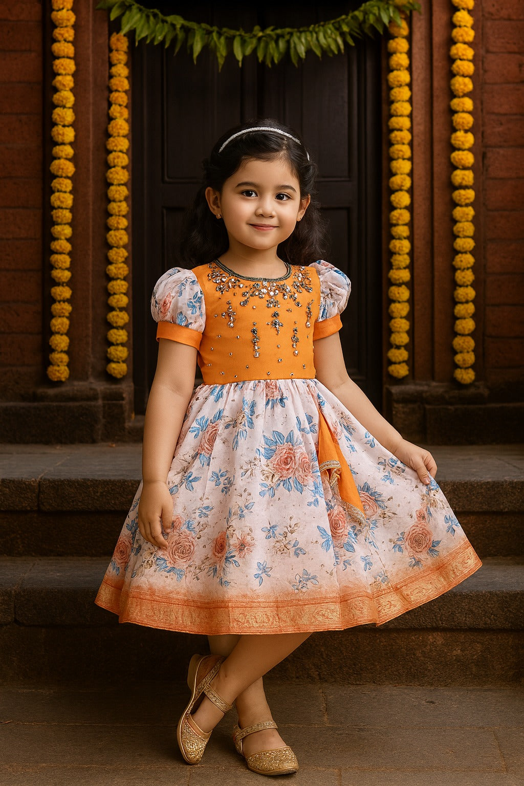 Girls Floral Printed Bead Embellished Ethnic Dress