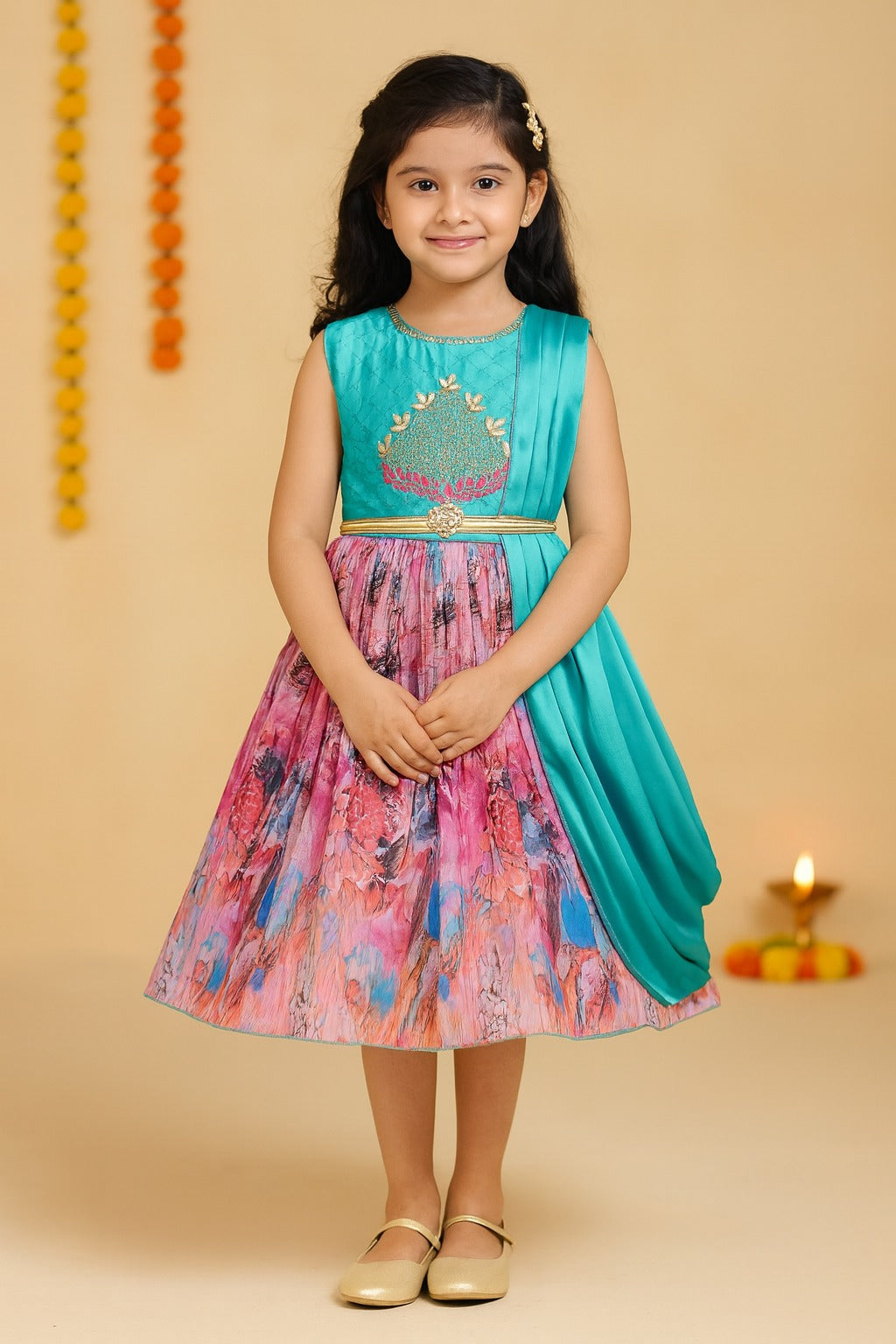 Girls Knee Length Satin Floral Print Dress